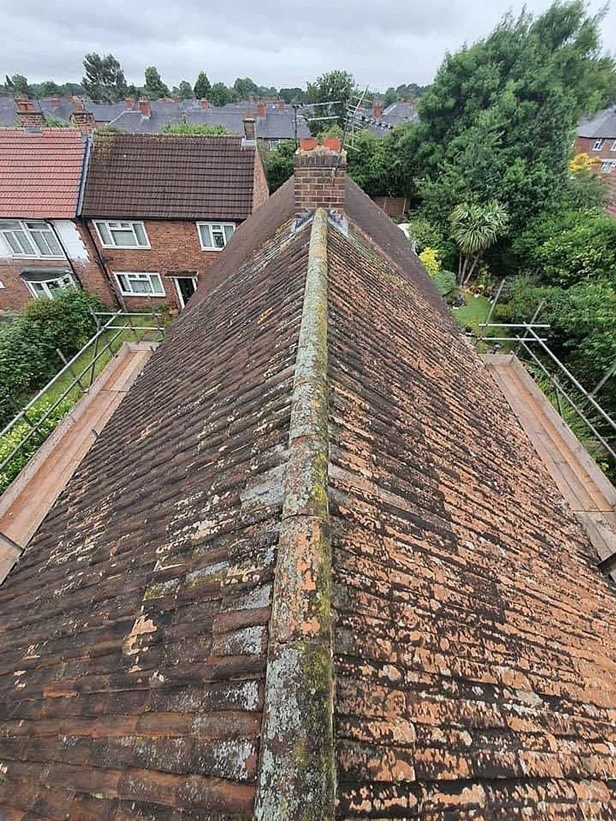 Old clay tiled roof covered in moss and lichen before re-roofing